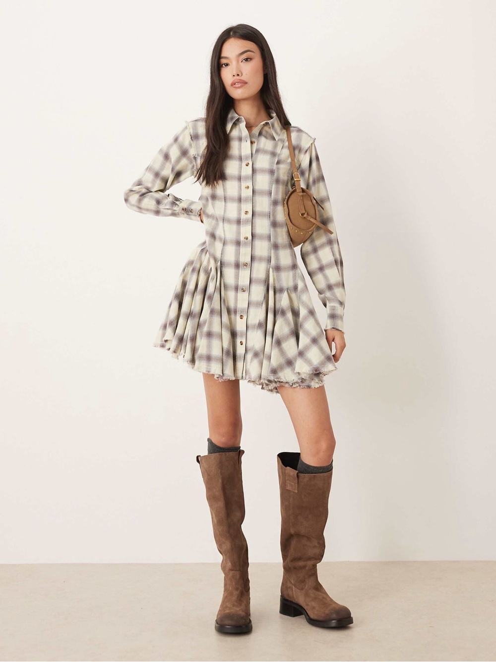 Plaid Button-Front Shirt Dress in Cream and Gray